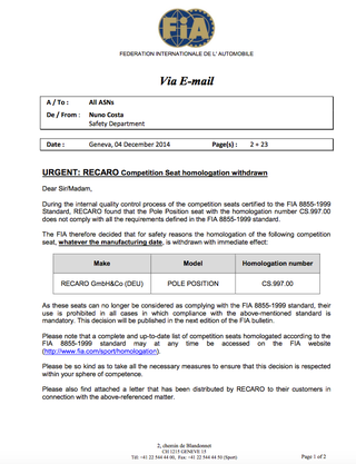 Illustration for article titled FIA Homologation withdrawn from Recaro Pole Position